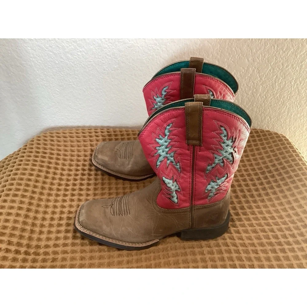 Ariat Pink Square Toe Boots Girls Sz 3 Brown Leather Western Cross Cowgirl